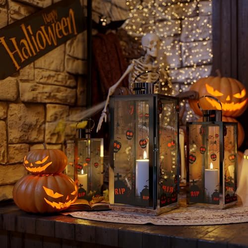 MATICO Stainless Decorative Candle Lantern Set of 3, Hanging Decor Hurricane Lantern Candle Holder for Festival Ceremony Home Decor, Both Indoor & Outdoor Use, Halloween