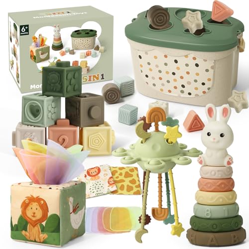 Image of Baby Toys for 6 to 12 Months, Montessori Toys for 6-8-9-12 Month Old | Shape Sorter, Baby Blocks, Learning Developmental Sensory Toys, Baby Tissue Box, Gifts for 6-36 Months Girls Boys Infant Toys