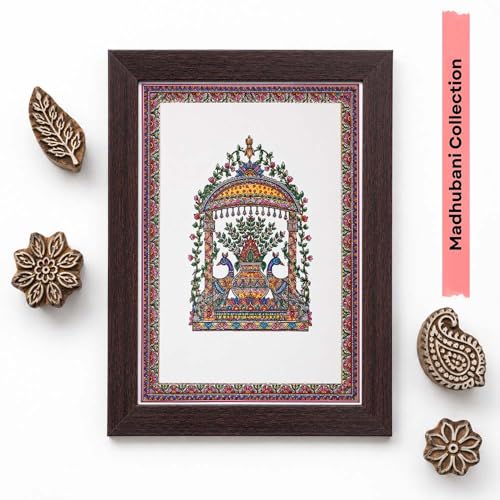 Image of PAPER PAJAMA Madhubani Peacock Kalash Wall Art for Living Room | Traditional Mithila Folk Painting | Peacock & Floral Indian Framed Decor for Home, Office & Bedroom (10x13 Inches)