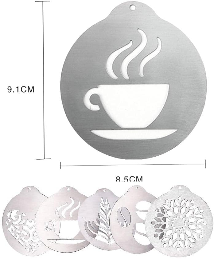Ejoyous Coffee Stencil, 5PCS Stainless Steel Foam Latte Art Stencils Reusable Barista Decorating Templates for Coffee Cupcake Cake Cappuccino Decorations (Silver)