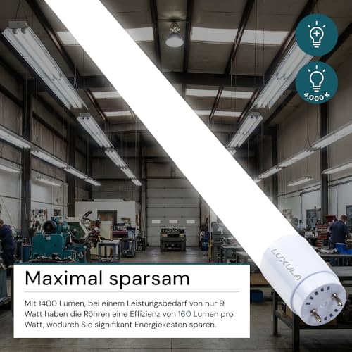 LUXULA 2er Pack LED Röhre 60cm T8 G13, 9W 1400lm, 4000K Neutralweiß – Ansicht 3