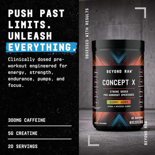 Image of BEYOND RAW Concept X, Clinically Dosed Pre-Workout Powder, Contains Caffeine, L-Citrulline, Creatine, and Beta-Alanine, Gummy Worm Flavor, 20 Servings | Clinically Dosed Formula with Caffeine, Creatine, L-Citrulline, and Beta Alanine to Support Energy, Strength, and Endurance