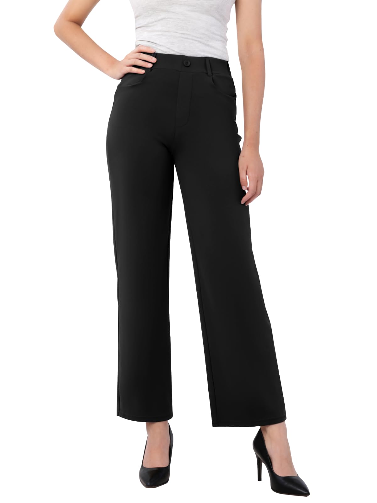 Glacspyg Damen Hohe Taille Straight Freizeithosen Elastische Business Arbeitshosen Elegante Stretch Weite Hosen mit Taschen