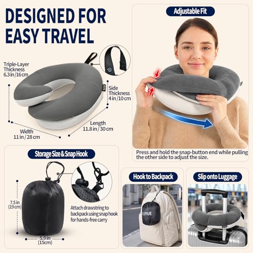 Image of BUYUE Travel Neck Pillows for Airplanes, Memory Foam 360 Head Support Sleep for Long Flight, Skin-Friendly & Breathable, Kit with Eye Mask, Earplugs and Storage Bag (Adult, Grey, 90+ lbs)