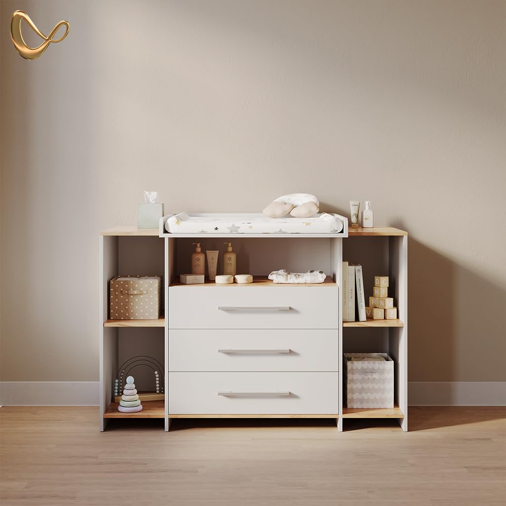 Livinity Cómoda Cambiador Torino, Roble Blanco/Dorado, con 3 cajones