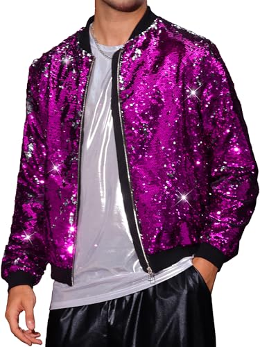 Image of Lars Amadeus Sequin Varsity Jacket for Men's Zipper Party Disco Flip-Sequin Shiny Bomber Jackets