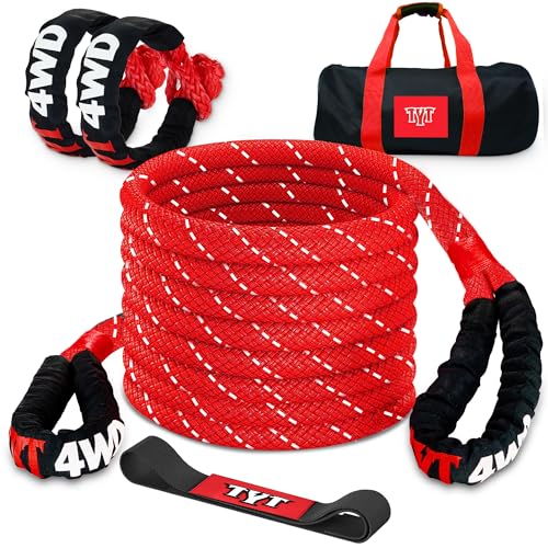 TYT Kinetic Recovery Rope,(1in x 30ft Red) 48000lbs Snatch Strap, Heavy Duty Stretch Nylon Towing Ropes for Offroad Vehicle, Jeep, SUV, ATV, UTV, Tractor Elastic