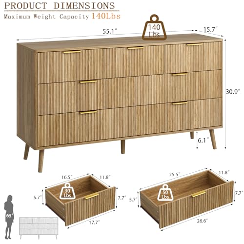 CARPETNAL Fluted 7 Double Drawers Dresser for Bedroom, 55”Wide Modern Chest of Drawers with Deep Drawers,Curved Profile Design, Wood Drawer Organizer for Living Room, Hallway, Natural Oak - Image 2