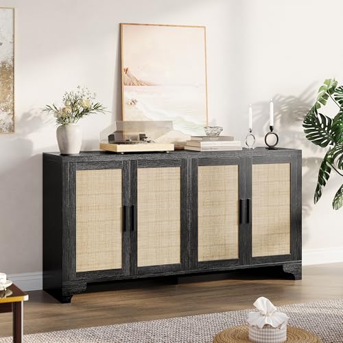 GarveeHome 4-Door Sideboard Buffet Cabinet, Natural Rattan Storage Cabinet, Boho Entryway Console Table, Coffee Bar Station for Dinning Room, Living Room, Kitchen, Black