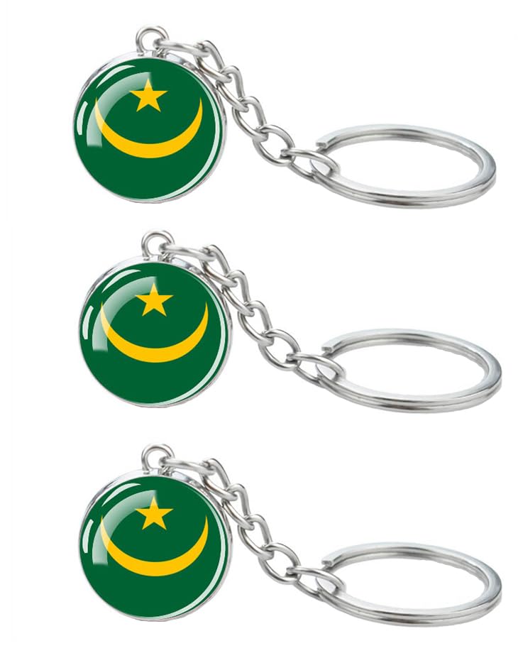 LLBFHH Lot de 3 porte-clés en verre avec drapeau de l'Afrique, porte-clés cool pour clés de voiture, porte-clés et porte-clés en acier inoxydable, Mauritanie, 0.1