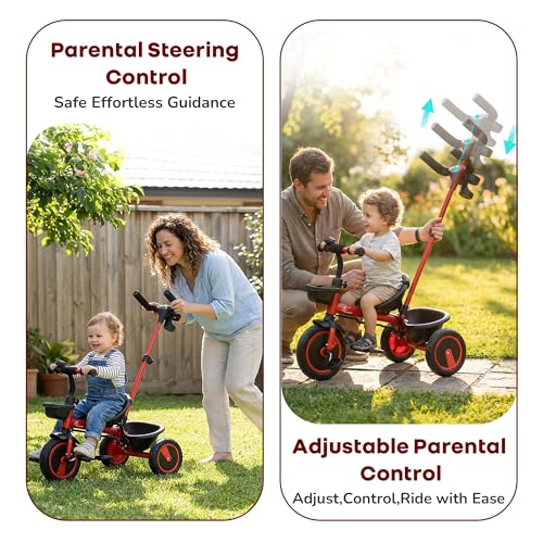 Image of R for Rabbit Tiny Toes R20 Plus Tricycle for Kids with Rubber Wheels, Adjustable Parental Control, Front & Rear Storage Basket | Baby Trike Cycle for 2 to 5 Year, Upto 25 Kgs Boy & Girl (Cherry Red)