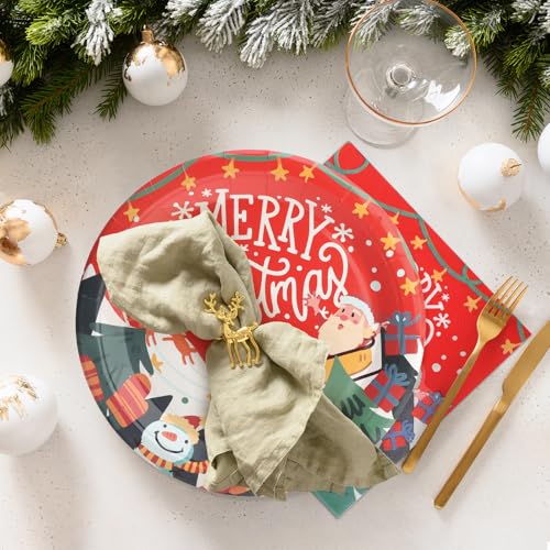 100 PCS Christmas Paper Plates and Napkins, Red Merry Christmas Santa Claus 9 Inch Party Paper Plates and Napkins, Disposable Tableware Set, Serve for 50 Guests – Image 4