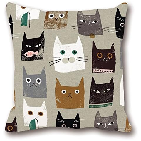 LeiOh Decorative Pillow Sham Cotton Linen Square Unique Printed Lovely Cat Pattern Throw Pillow Case Cushion Cover 18 x 18 Inches Cover