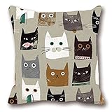 LeiOh Decorative Pillow Sham Cotton Linen Square Unique Printed Lovely Cat Pattern Throw Pillow Case Cushion Cover 18 x 18 Inches