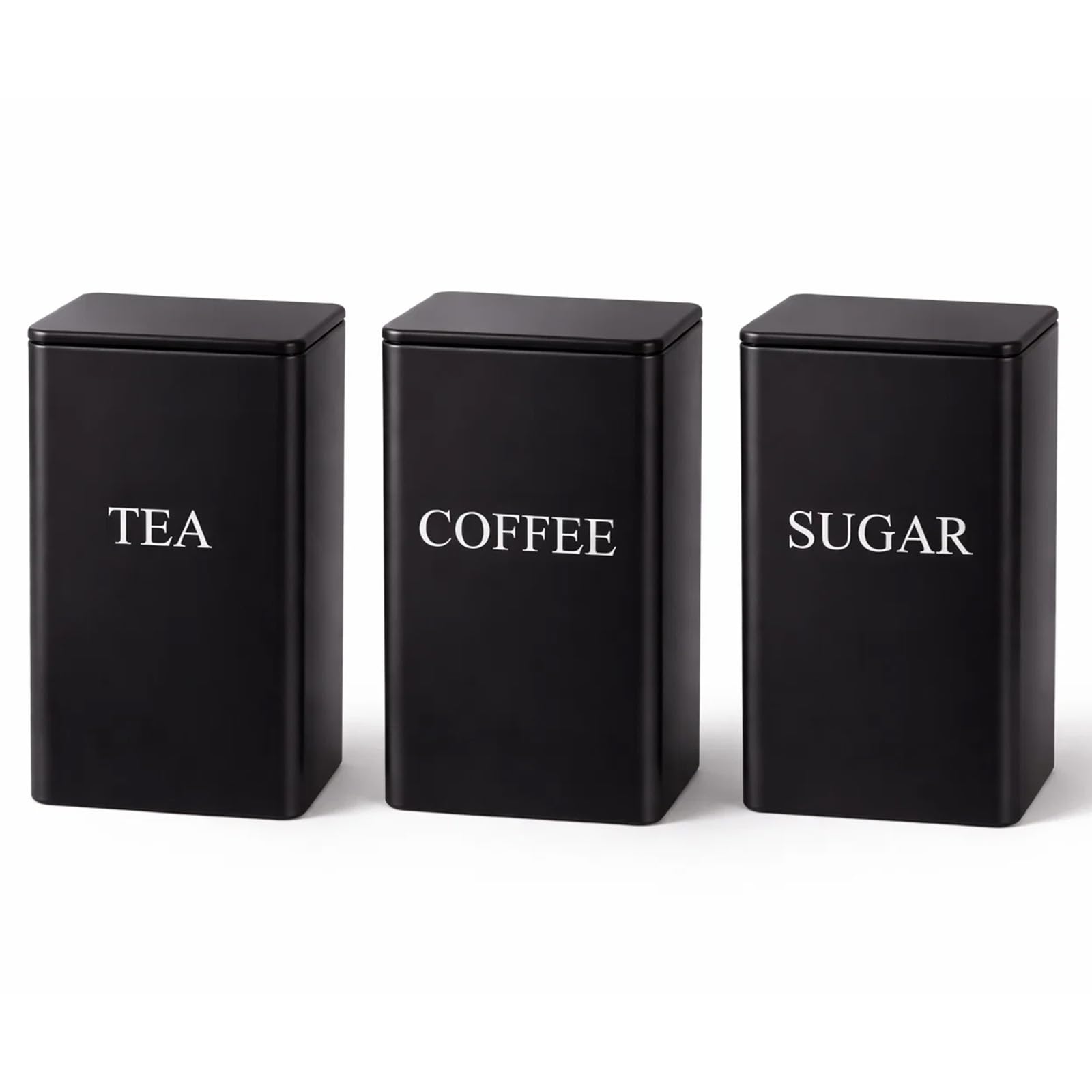 Sunnynest Black Tea Coffee Sugar Canisters Set Of 3, Metal Airtight Storage Jars With Clip Lids, Modern Kitchen Canister Set For Coffee, Sugar, Tea & Dry Food, Countertop Storage (Black)