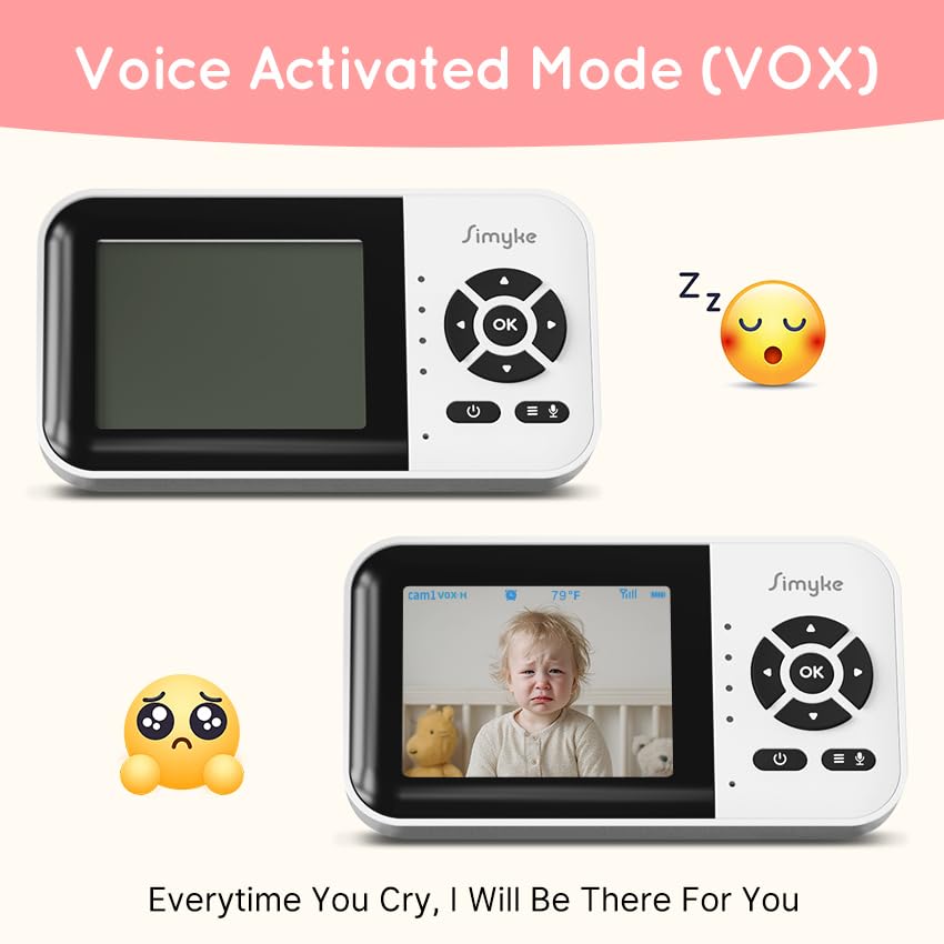 Simyke Moniteur de bébé intelligent avec caméra et audio double mode, commutateur WiFi, écran 2,8", vision nocturne, horloge d'alimentation, détection de température, conversation bidirectionnelle,