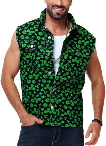 Image of AOBUTE Mens 4th of July Denim Vest American Flag Print Sleeveless Jean Jacket