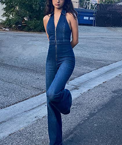 SEMATOMALA Women's Sleeveless Y2K Jean Jumpsuit Flared Leg Pants Romper Halter Tank Top Denim Catsuit Maxi Overall4