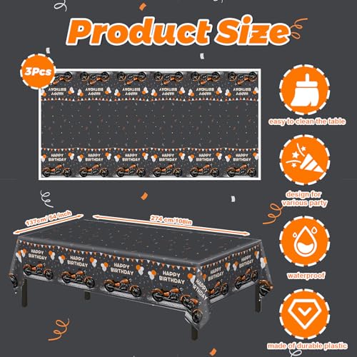Image of MEHOFOND 3pcs Motorcycle Birthday Plastic Tablecloth, Black and Orange Motocross Racing Happy Birthday Disposable Table Cover, Extreme Sports Birthday Party Decorations, Rectangle 108 x 54 Inch