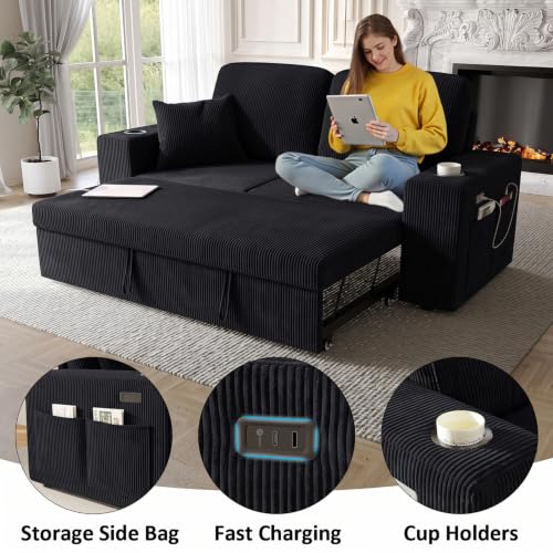 Image of 63 Inch Sleeper Sofa Bed, 3 in 1 Pull Out Couch Bed with Reclining Backrest, Small Loveseat with Wide Armrest | USB Charging | Side Pockets | Cup Holders | Tool Free Assembly, Corduroy Black