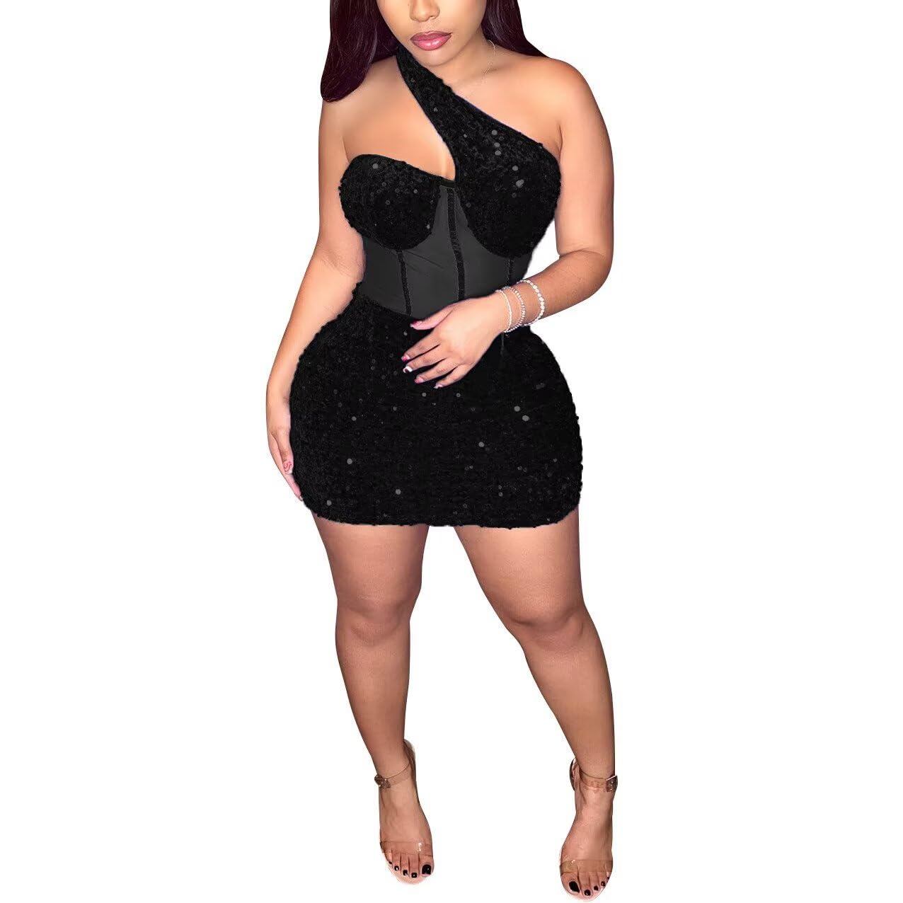 Vestido sexy de malla con lentejuelas y un hombro descubierto, para fiesta, club, noche, mini vestido ajustado