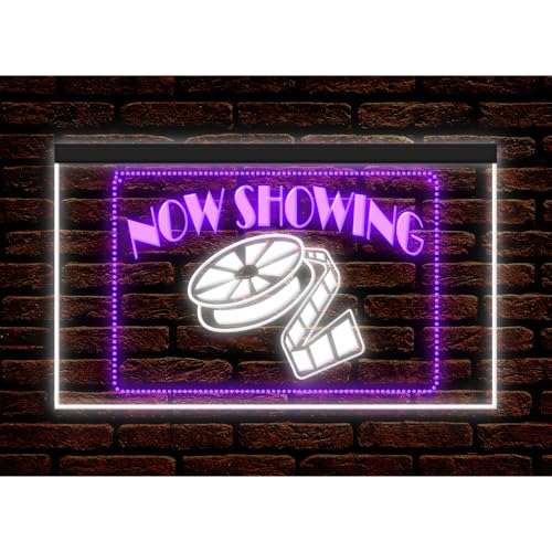 Image of 140029 Now Showing Movies Theater Home Decor Studio illuminated Display LED Night Light Neon Sign 7 Colors / 16 Colors By Remote / 13 Set Dual Color Two Tone Color (White & Purple, 21.5" X 12")