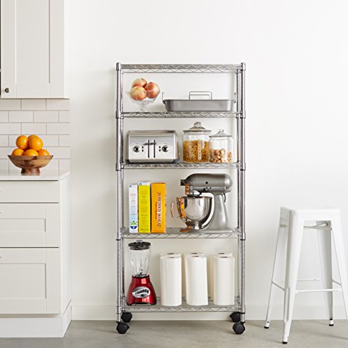 AmazonBasics 5-Shelf Shelving Storage Unit on 4'' Wheel Casters , Metal Organizer Wire Rack, Chrome Silver (30L x 14W x 64.75H)