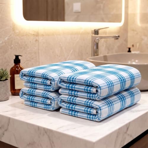 Image of Athom Living Premium Hand Towels- Cotton, 400 GSM, Ultra Soft, Quick Dry, Highly Absorbent | for Hand, Kitchen and Gym | 60 * 40 cm, Pack of 4 (Blue Strips)
