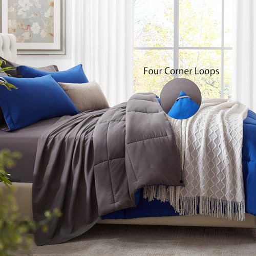 Anluoer Queen Comforter Set 7 Piece, Navy and Grey Bed in a Bag with Sheets, All Season Bedding Comforter Sets with 1 Comforter, 2 Pillow Shams, 2 Pillowcases, 1 Flat Sheet,1 Fitted Sheet