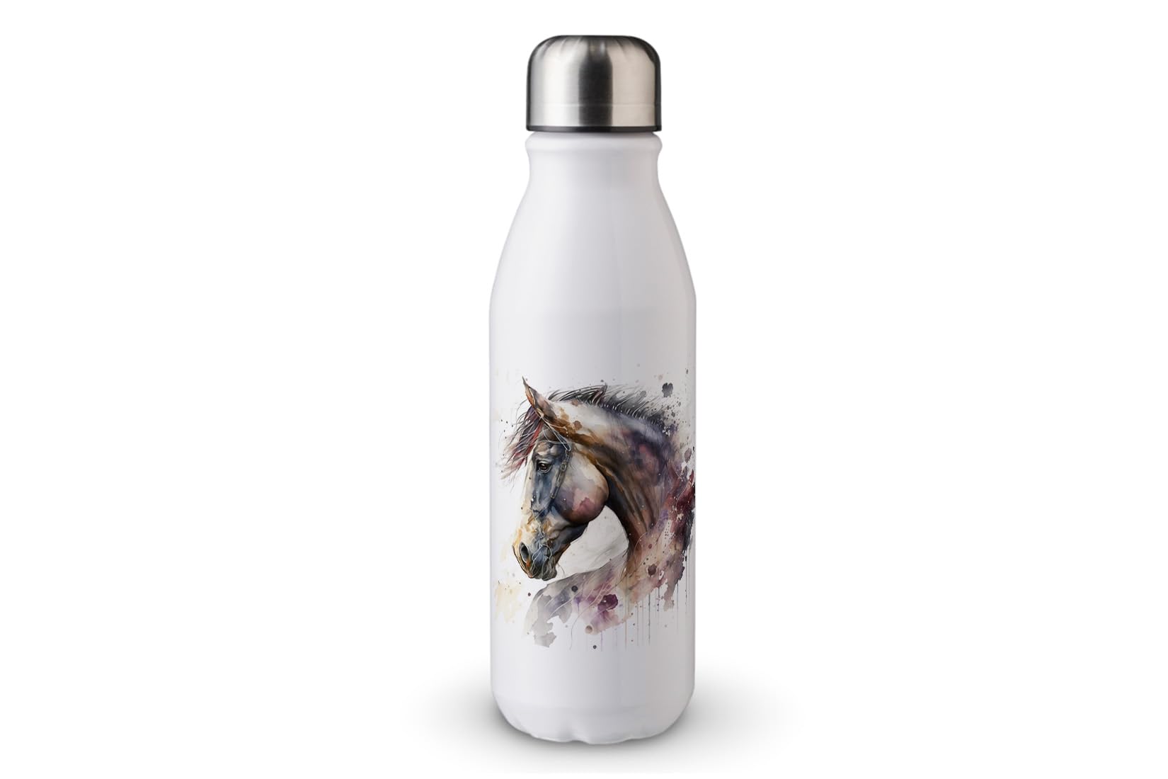 MAXIKIWI - Single Wall Water Drinking Bottle with Screw Cap, Non Insulated Lightweight Aluminium, BPA Free, Leak-Proof - Horse Watercolor - 500ml