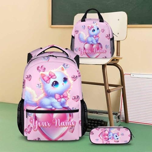 3PCS Backpack for Girls, Personalized Cat Backpacks for Kids, Custom Schoolbag with Lunch Bag Pencil Case for Children Teens Cat Lovers, Back to School Gift Idea for Preschool Primary Middle3