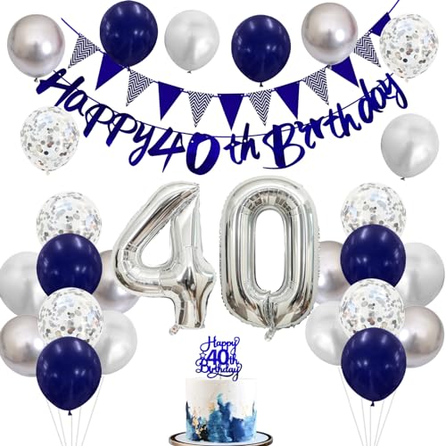 Image of 40th Birthday Decorations for Women Men, Blue Silver 40th Birthday Balloons, Blue Happy 40th Banner Cake Topper Number 40 Foil Balloon for 40 Year Old Party Decor