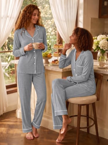 Image of SWOMOG Womens Pajamas Set Long Sleeve Sleepwear Button Down Nightwear Soft Cotton Pj Lounge Sets