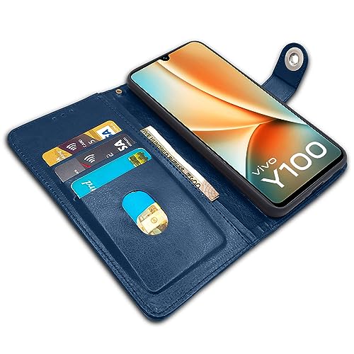 Image of Pikkme Vivo Y100 5G Flip Cover Leather Finish | Inside TPU with Card Pockets | Wallet Stand and Shock Proof | Complete Protection Button Flip Case (Blue)