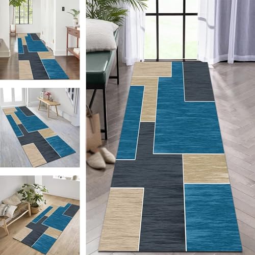 Tapis de salon bleu jaune moderne géométrique polyester 80x100