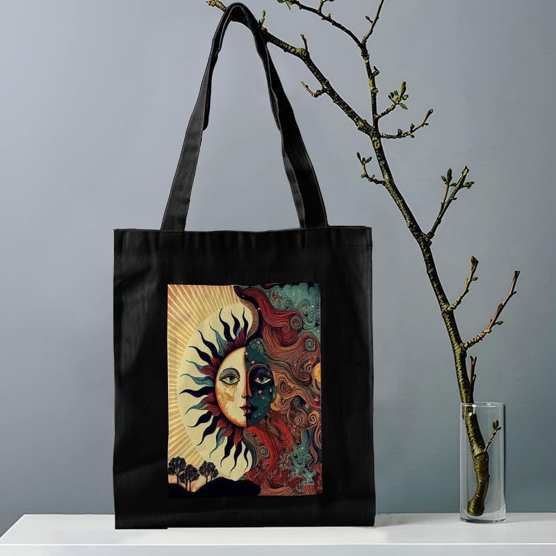 Image of Black Tote Bag With Pocket Printed Designed Canvas Tote Bags For Women large capacity,Tote bag For Shopping, College, Travel, More Canvas Handbag For Unisex Bag