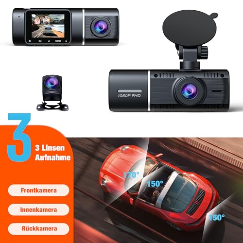Volam 3 Kanal Dashcam Auto Vorne Hinten und Innen mit Akku, 1080P Dash Cam mit Auto Kamera Parküberwachung, Infrarot Nachtsicht WDR, G Sensor, 170° Weitwinkel Dash Camera mit Rückfahrkamera – Bild 3