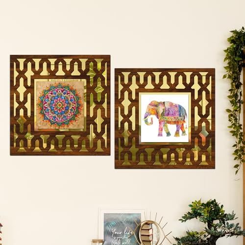 Image of RAG28 Wooden Elephant Mandala Art Mirror Wall Decor Panel for Home Decor Living Room Bed Room Office (AD9, 12X12 Inches, Set of 2)