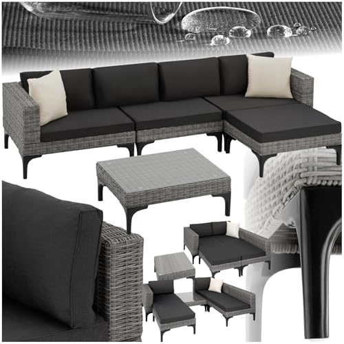 TecTake® Conjunto Jardín en Ratán y Aluminio, Cojines 8 cm, Conjunto Terraza Resistente a la Intemperie, Muebles Jardín Exterior 1 Sillón, 1 Taburete, 1 Mesa con Cristal, Fundas Extraíbles   Gris