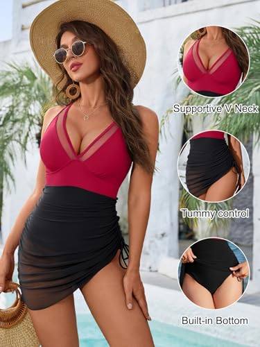 Image of Blooming Jelly Women One Piece Swim Dress Tummy Control Swimsuits Slimming Mesh Sheer Sarong Wraps Bathing Suit