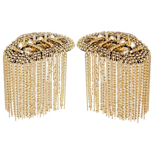2 Pack Tassel Shoulder Epaulette, Metal Cosplay Ringmaster Shoulder Pads Epaulet with Pins, Gold Rhinestone Beaded Diamond Shoulder Boards Badge Brooch for Men Women Uniform Costume