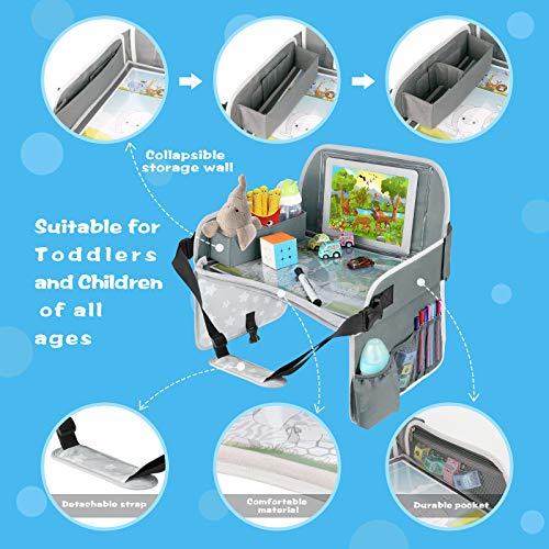 Image of MENZOKE Kids Travel Tray for Toddler Car Seat, Toddler Gift for Boy | Road Trip Essentials Accessories Lap Tray with Dry Erase Board, iPad Holder Stand & Cooler Cup Holder as Birthday Gift, Grey