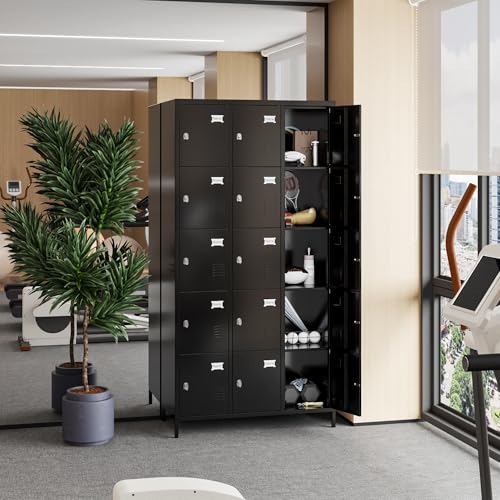 Image of METAN Metal Locker for School Office Gym Bedroom, 15 Doors Black Steel Storage Locker Cabinet for Employees, Industrial Storage Locker, Assembly Required (15 Door-Black)