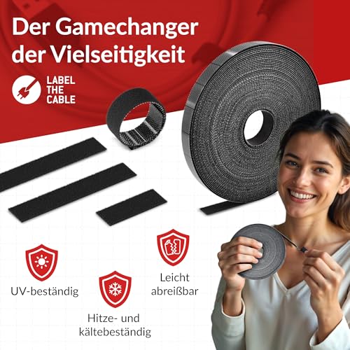 LABEL THE CABLE® 3 m Klettband abreißbar beidseitig schwarz, Klett Kabelbinder, doppelseitig, wiederverschließbar, perfekt als Camping-Gadget oder unterwegs, Pflanzenbinder - Velours-Qualität