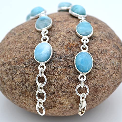 Design Hub Sterling Silver Larimar Bracelet Sky Blue Color 7.25’’ To 7.5" Oval Cabochon Shape Natural Larimar Link #TOP5