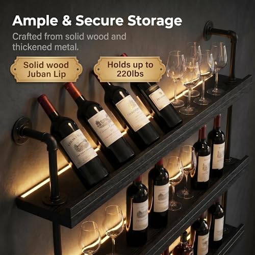 Image of HOUSESET 36 /48 /60 /72 /84in Wine Wall Rack with Led Lights, 3-Tiers Modern Pipe Liquor Bottle Display Shelf, Bar Shelves Wall Mounted for Commercial Bar, Restaurant, Home