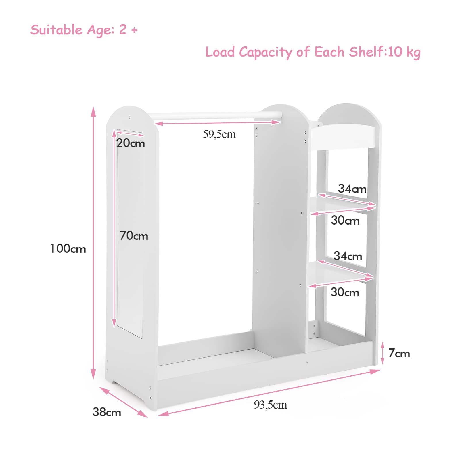 LIFEZEAL Kinder Kleiderständer, Offener Baby Kleiderschrank Kleiderständer Holz, Kinderschrank mit Spiegel, Kinderregal Kindergarderobe mit 4 Ablagen, Weiß