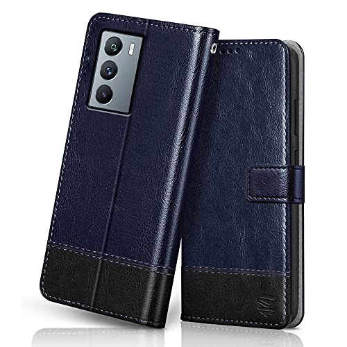Image of FLIPPED Vegan Leather Flip Case Back Cover for iQOO 9 SE 5G (Flexible, Shock Proof | Hand Stitched Leather Finish | Card Pockets Wallet & Stand | Blue with Black)