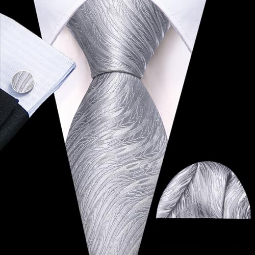 Image of Barry.Wang Man Stripe Ties Set Silk Woven Pocket Square Necktie Cufflinks Formal Party Business