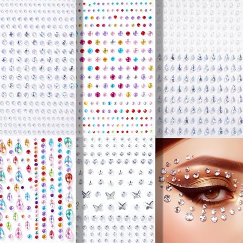Canvalite 1100PCS Self-Adhesive Face gems with Tweezers for Makeup Festival Face Jewels Stick On Pearls Hair Gems Pearl Rhinestones Stickers for Face Hair Eye Makeup Nail